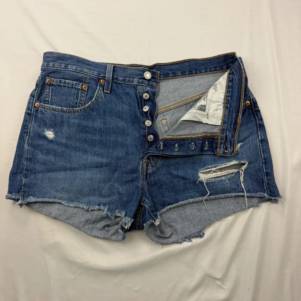 Levi's 501 Original Cut Off Shorts Women Size 33 Blue Distressed Denim High Rise